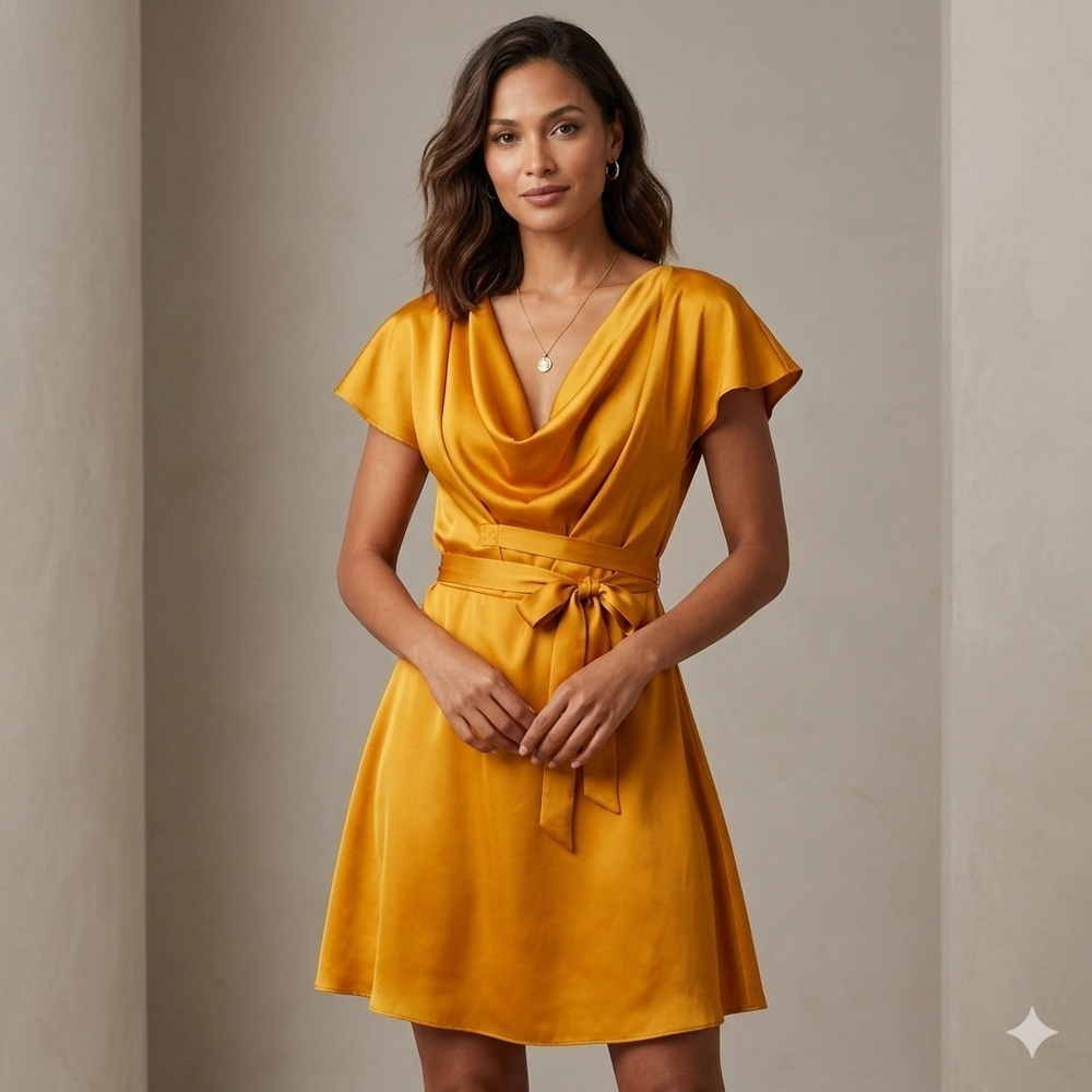 Y2K Sisley Yellow Mustard Satin Dress Cowl Neck Tie Waist Cap Sleeve Mini S